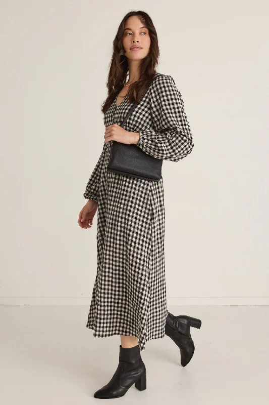 Damsel Black Gingham LS Button Front Midi Dress