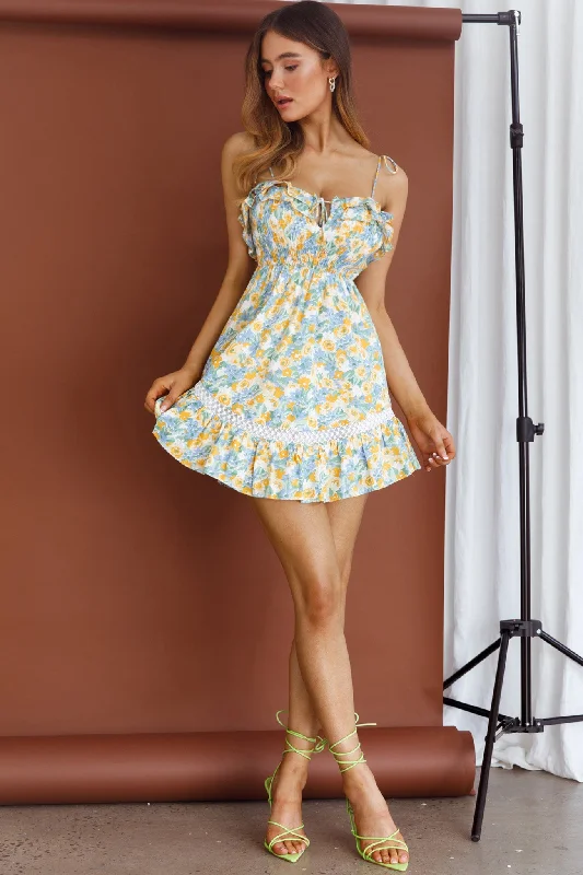 Daydream Shirred Bust Frill Trim Mini Dress Floral Blue